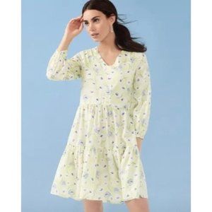 Ann Taylor Tiered Dress Floral Lemon Blue Long Sleeve Mini Flare Size 4 NEW